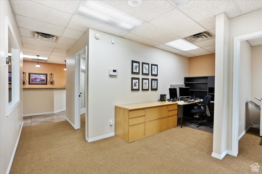 Office area with light carpet, baseboards, visible vents, and a paneled ceiling
