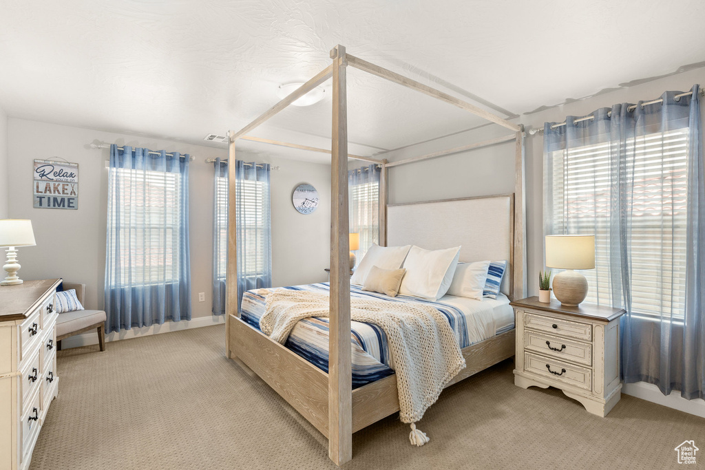 Bedroom featuring multiple windows, light colored carpet, and baseboards