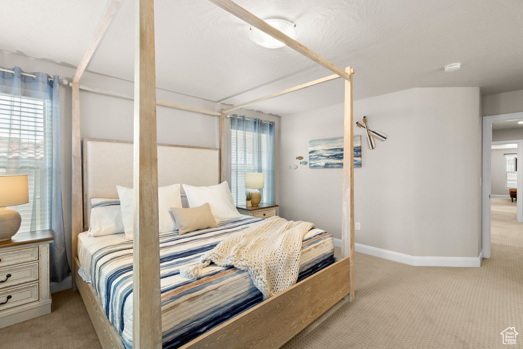 Carpeted bedroom with multiple windows and baseboards