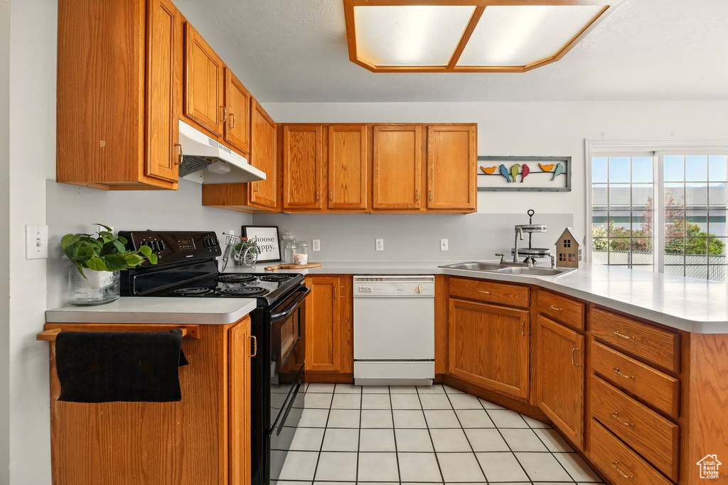 Kitchen featuring dishwasher, black range with electric cooktop, under cabinet range hood, a peninsula, and light countertops