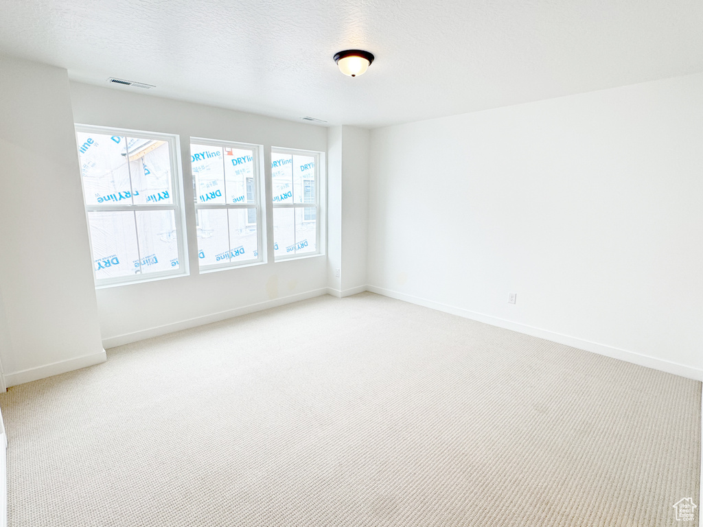Empty room featuring light carpet, baseboards, and a textured ceiling