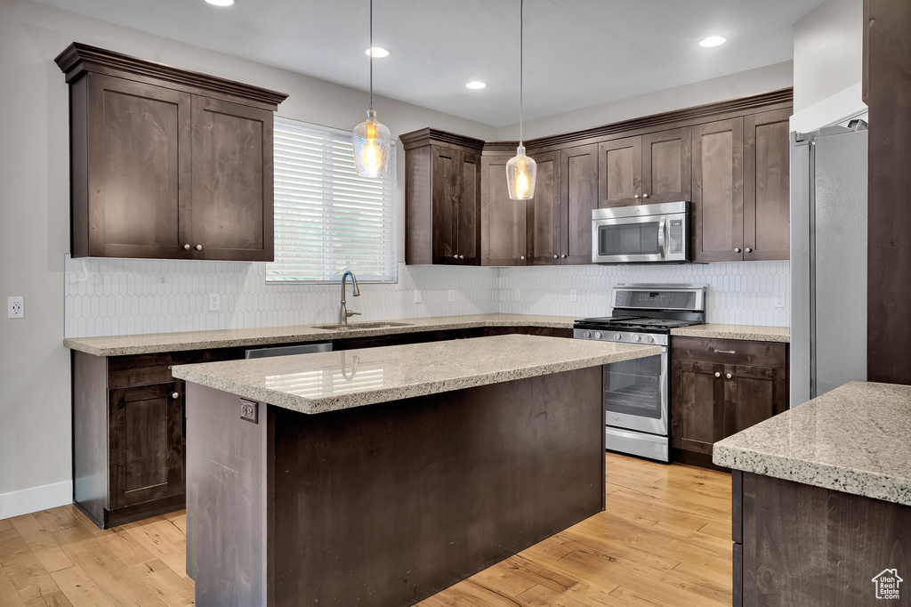 Kitchen featuring light hardwood / wood-style floors, dark brown cabinetry, sink, and appliances with stainless steel finishes