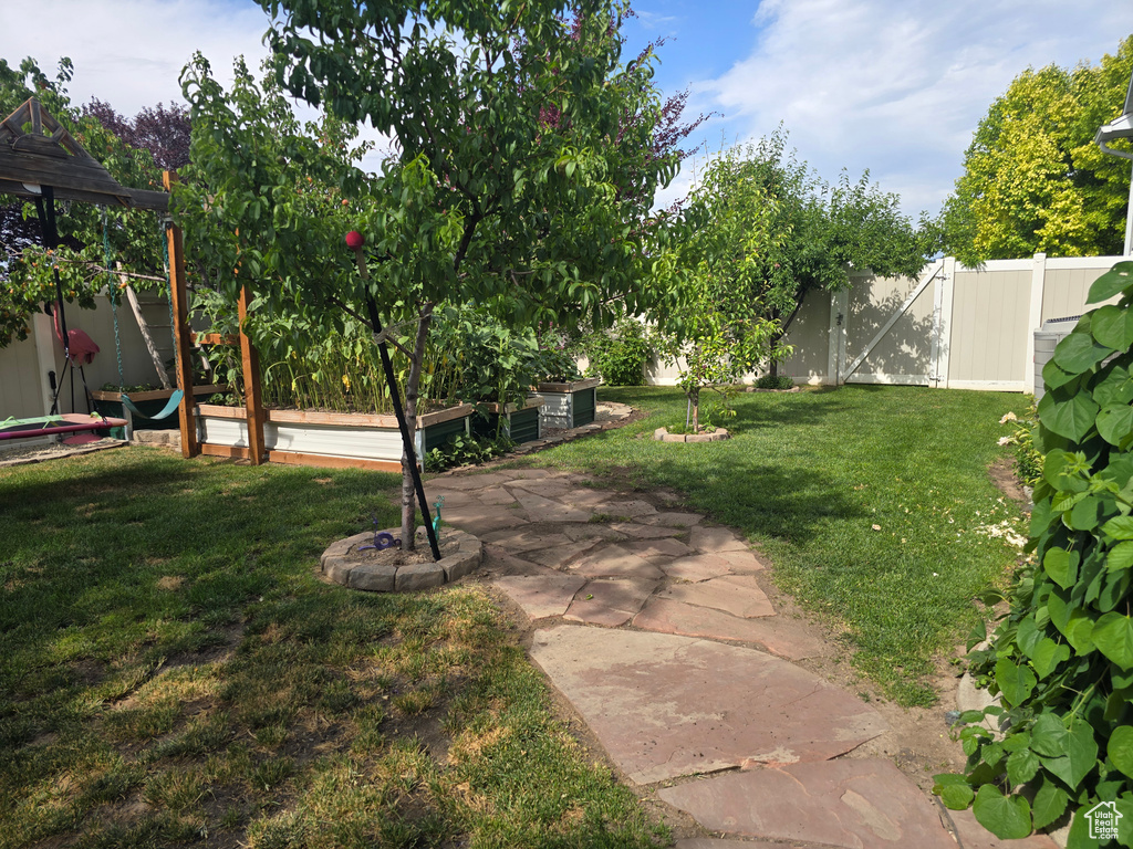 Fenced backyard featuring a garden