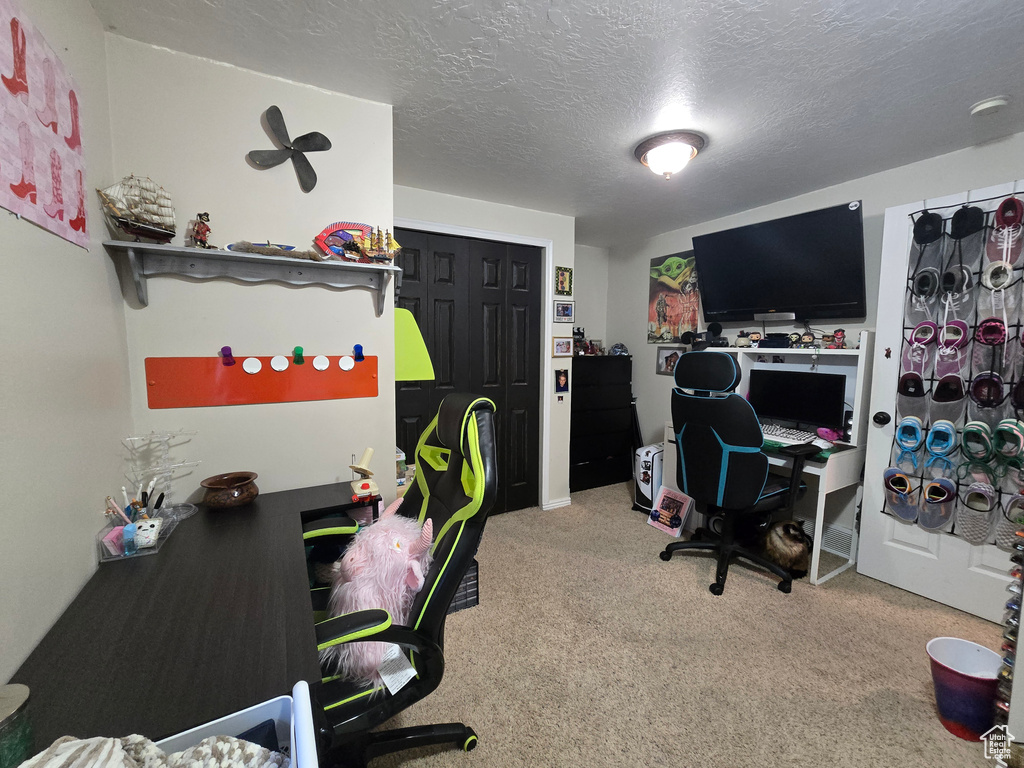 Home office featuring carpet and a textured ceiling