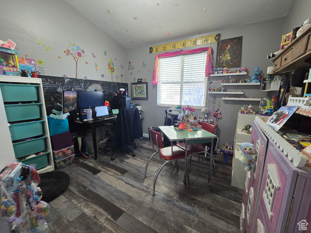 Office space featuring wood-type flooring and lofted ceiling