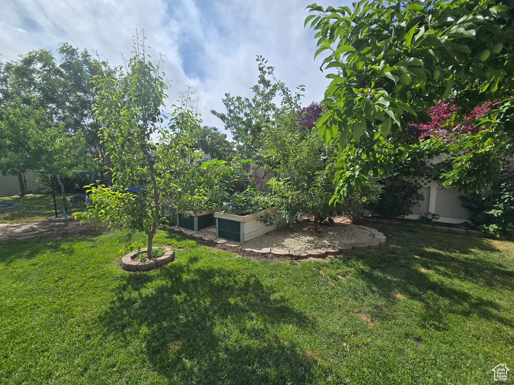 Fenced yard featuring a vegetable garden