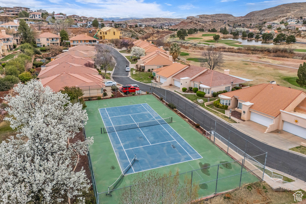 Drone / aerial view with a residential view and a mountain view