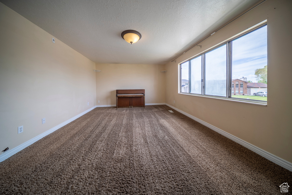 Carpeted empty room featuring baseboards and a textured ceiling