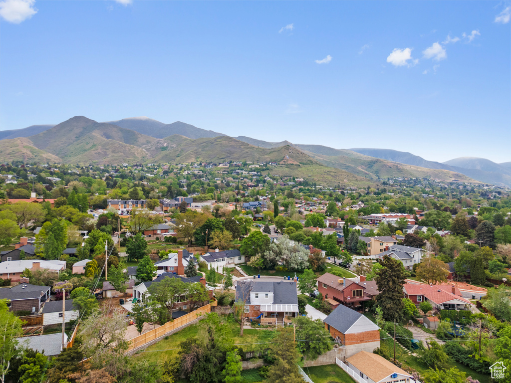 Aerial view featuring a mountain view and a residential view