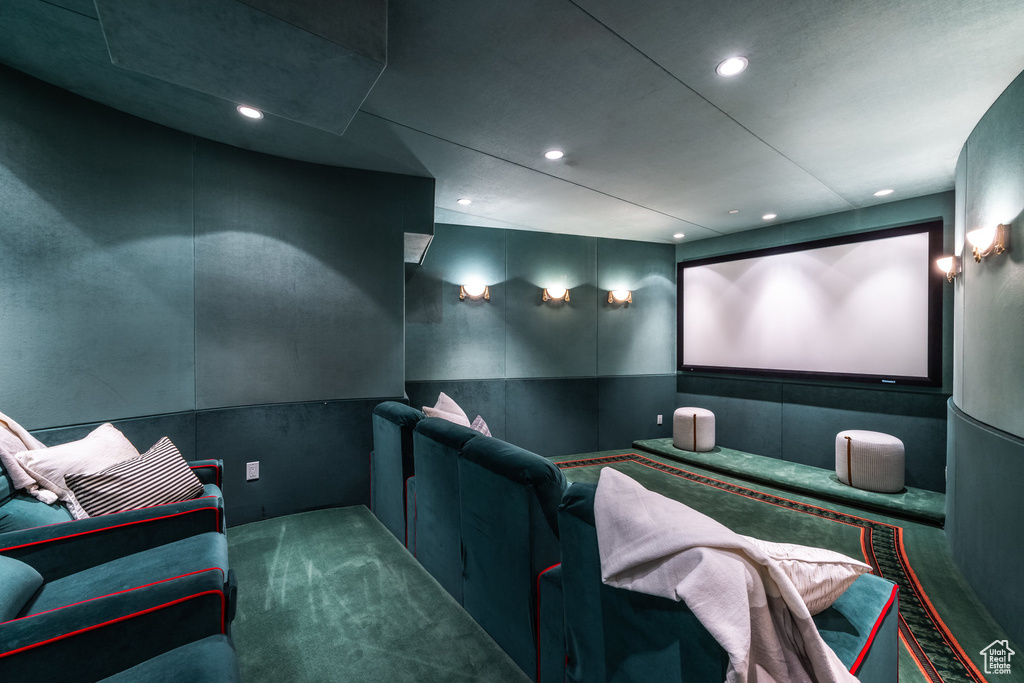 Home theater room featuring carpet flooring and recessed lighting