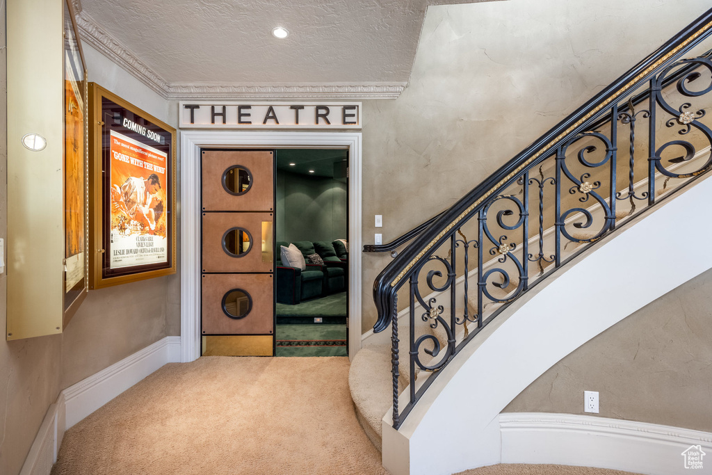 Stairway with carpet flooring, ornamental molding, baseboards, and a textured ceiling