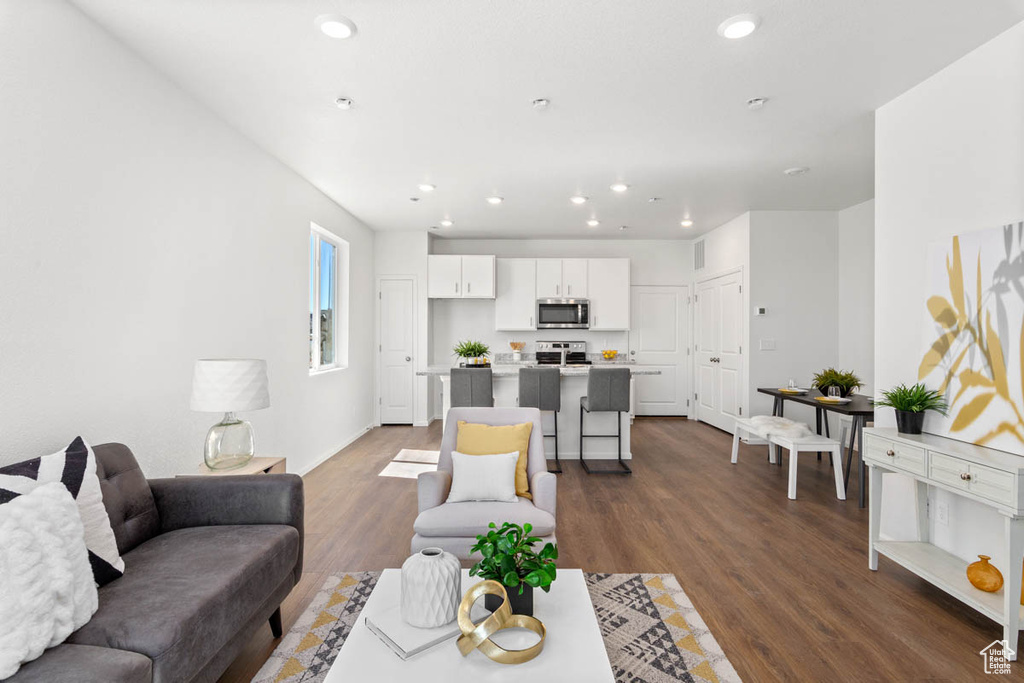 Living room with dark wood-type flooring and recessed lighting