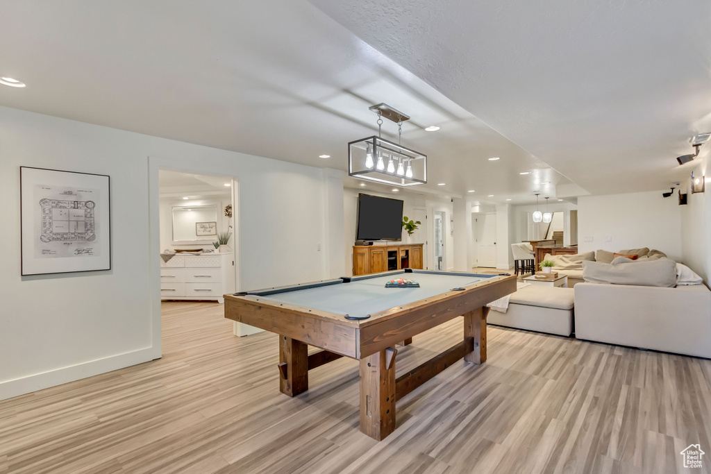 Game room featuring baseboards, billiards, light wood-style floors, and recessed lighting