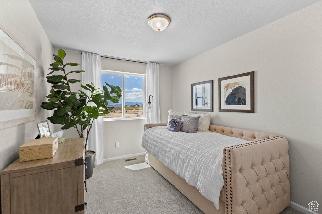 Bedroom featuring baseboards, a textured ceiling, visible vents, and carpet