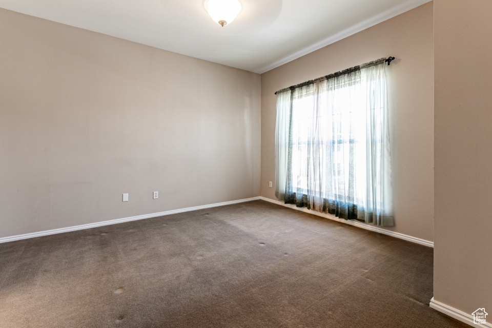 Unfurnished room with baseboards and dark colored carpet
