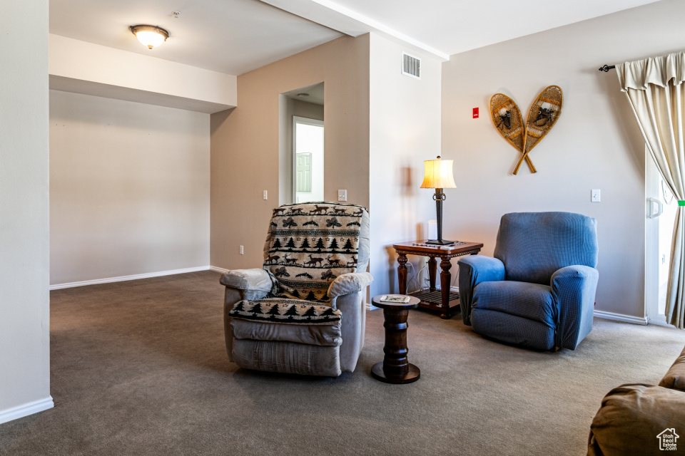 Living area with baseboards, carpet flooring, and visible vents