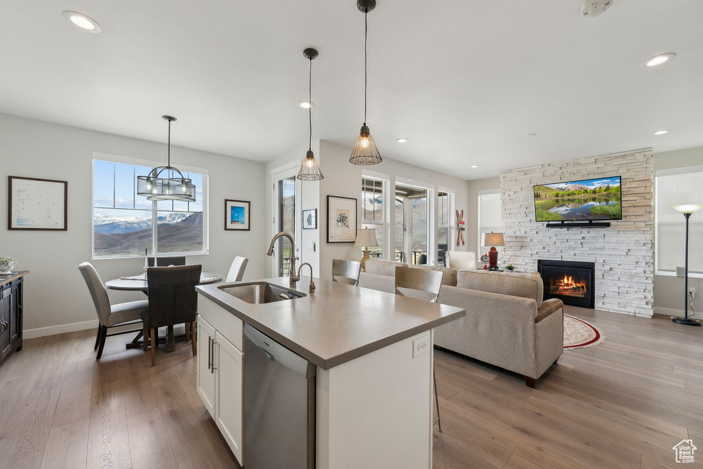 Kitchen with a sink, plenty of natural light, wood finished floors, and dishwasher