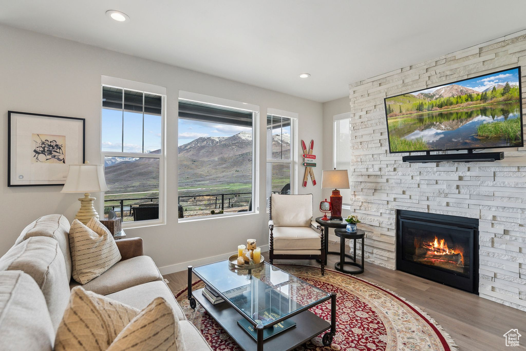 Living room with recessed lighting, baseboards, wood finished floors, and a fireplace