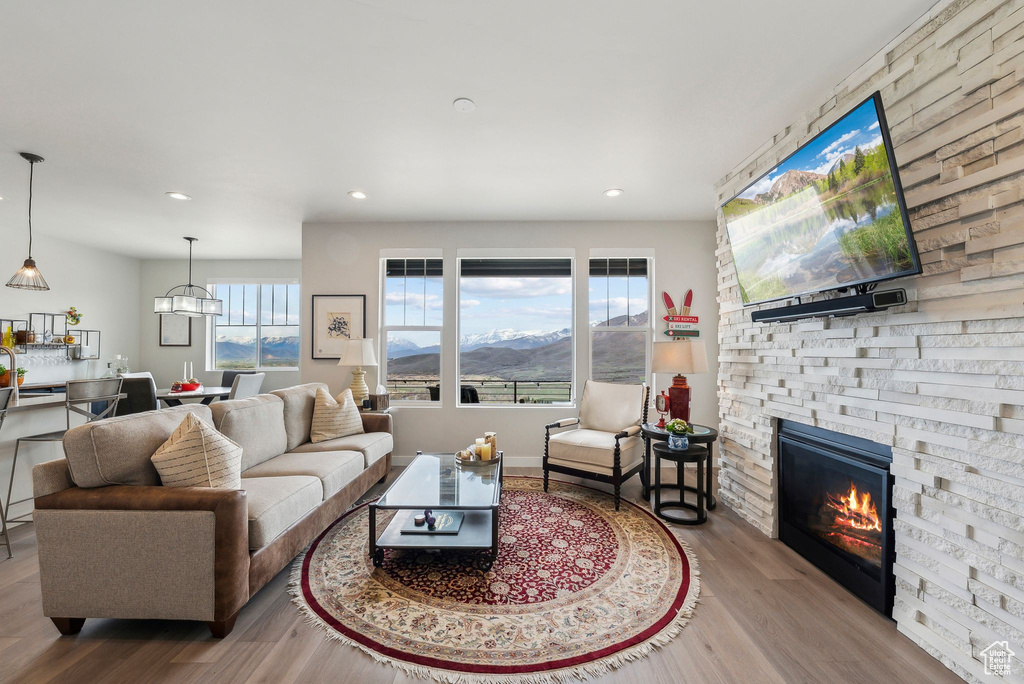 Living area featuring recessed lighting, wood finished floors, and a fireplace