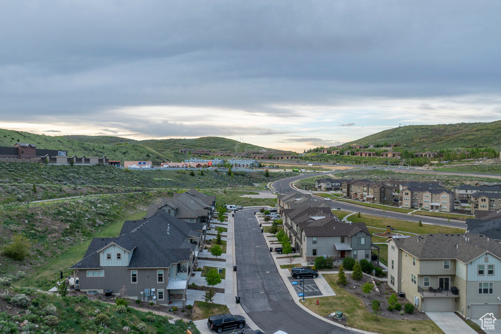 Aerial view of residential area with mountains