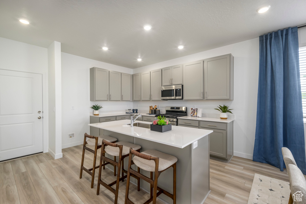 Kitchen featuring gray cabinets, a kitchen breakfast bar, a sink, and stainless steel appliances