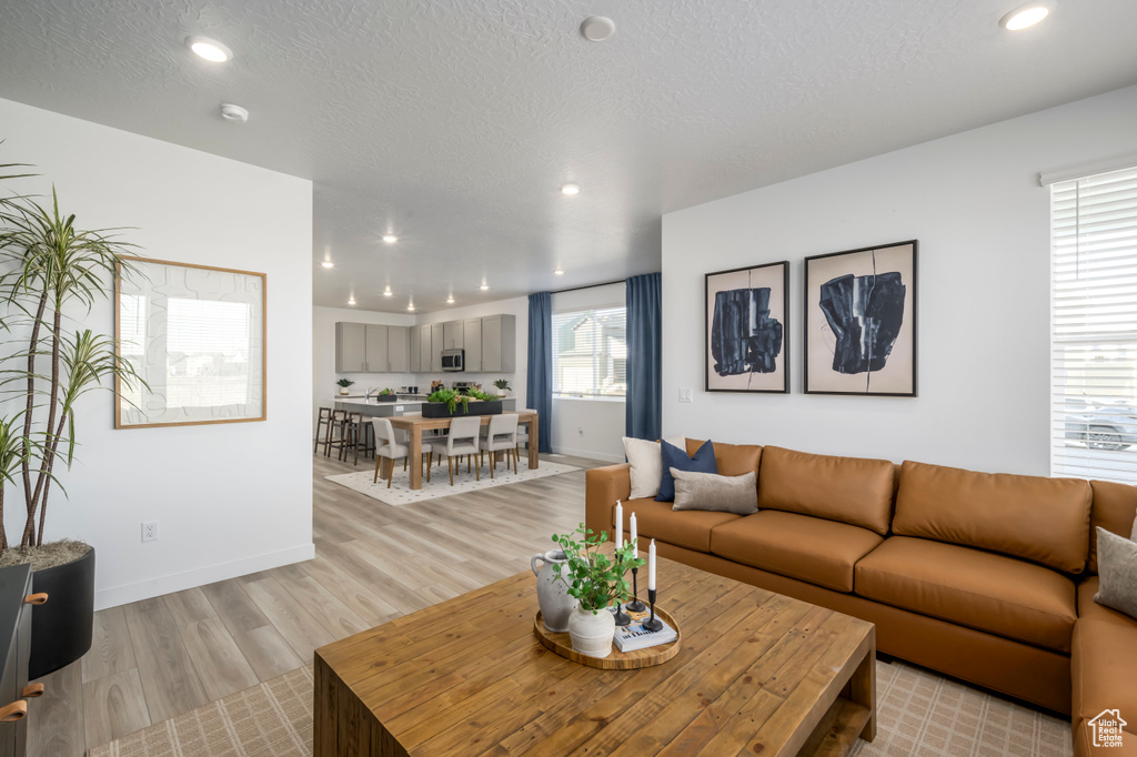 Living room with light wood-style flooring, recessed lighting, baseboards, and a textured ceiling