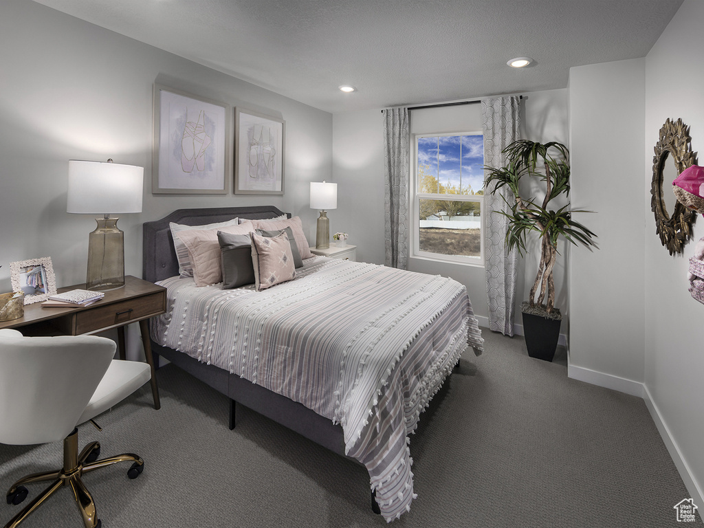 Bedroom with recessed lighting, baseboards, and carpet floors