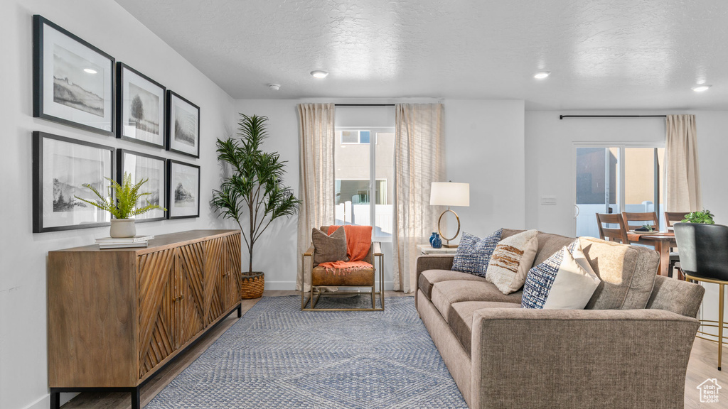 Living room with baseboards, wood finished floors, and a textured ceiling
