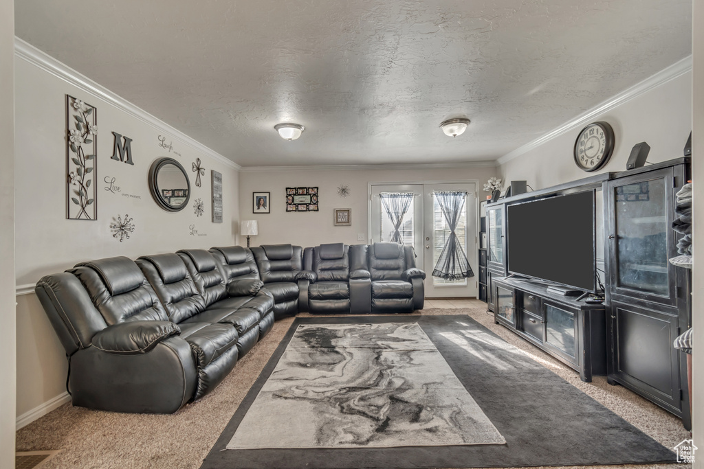 Carpeted living room featuring a textured ceiling, ornamental molding, baseboards, and french doors