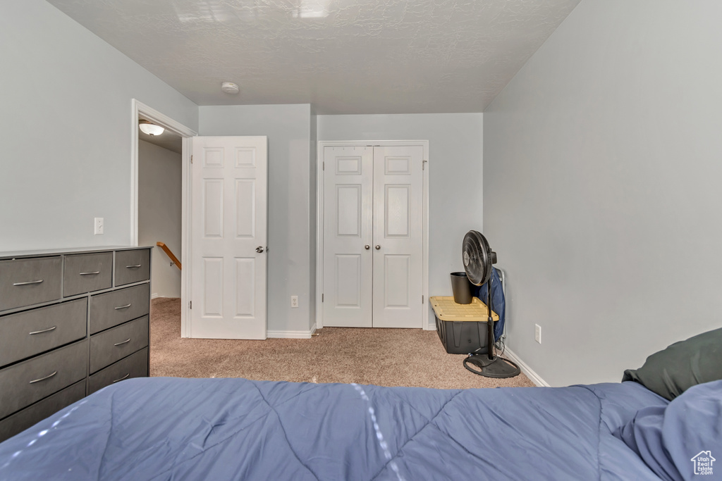 Carpeted bedroom with baseboards and a closet