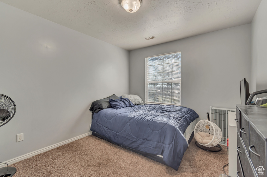 Carpeted bedroom featuring baseboards, a textured ceiling, and visible vents