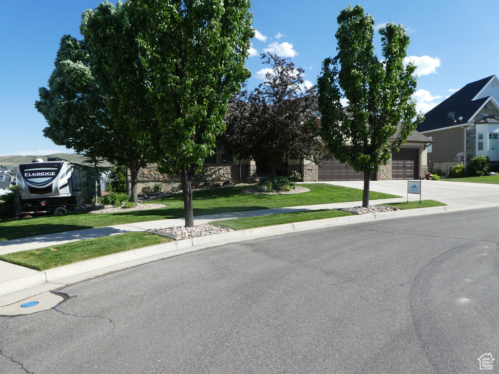 View of property hidden behind natural elements featuring stone siding, driveway, a front lawn, and an attached garage