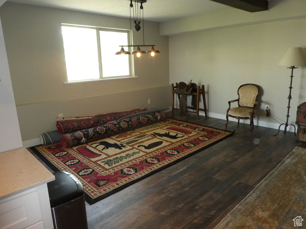 Sitting room with dark wood-type flooring