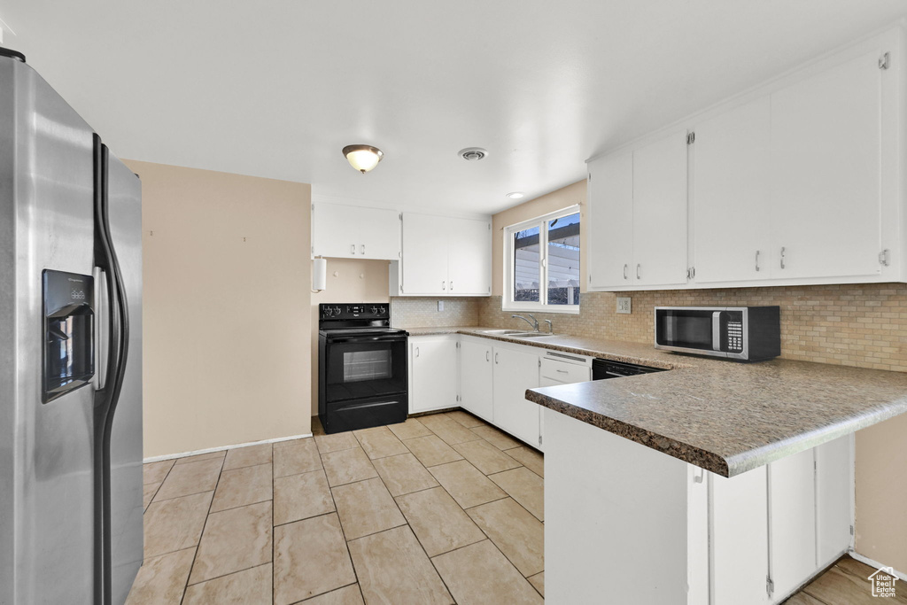 Kitchen with a sink, backsplash, white cabinetry, a peninsula, and stainless steel appliances