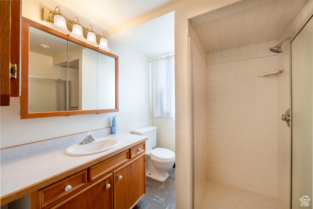 Full bath with vanity, toilet, and a shower stall