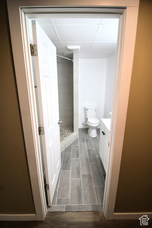 Bathroom with a stall shower, a drop ceiling, toilet, wood finished floors, and vanity