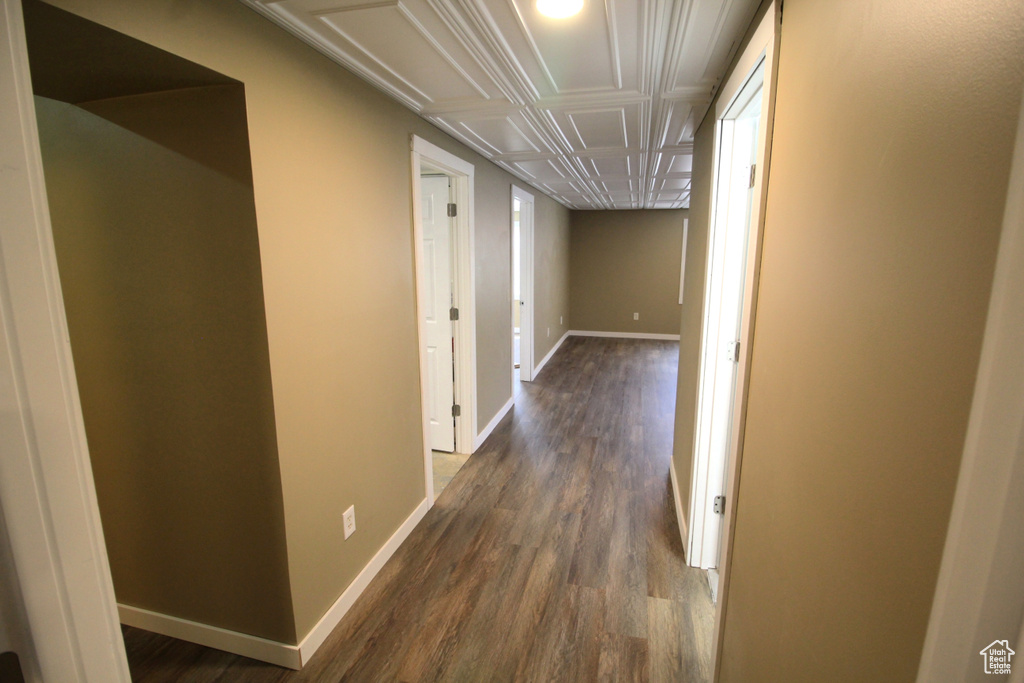 Hall with baseboards and dark wood-type flooring