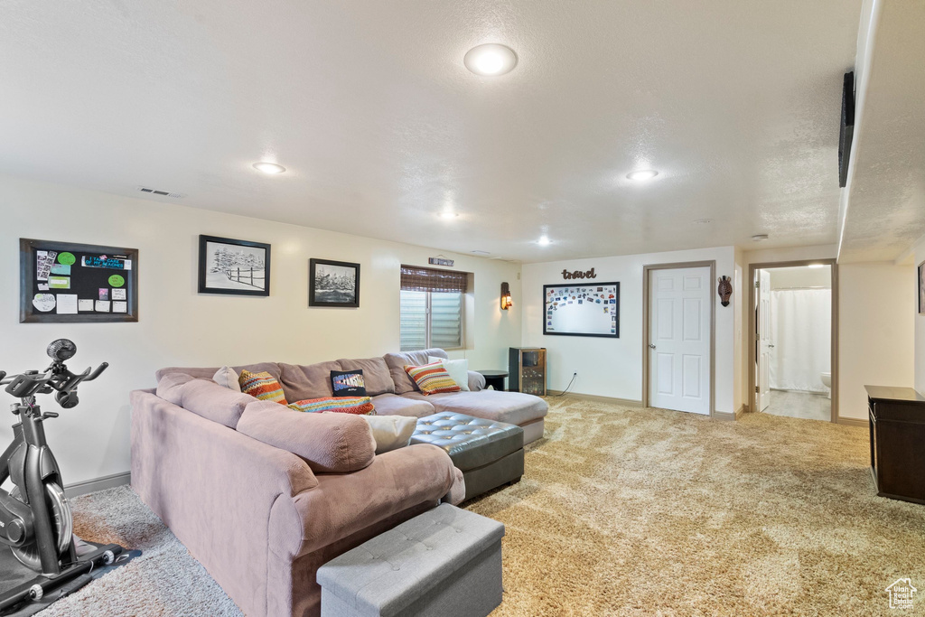 Living area featuring visible vents, baseboards, and carpet flooring