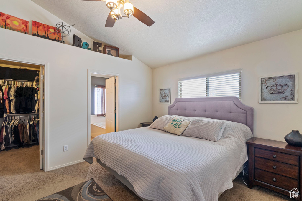 Bedroom with a walk in closet, vaulted ceiling, a closet, and carpet floors