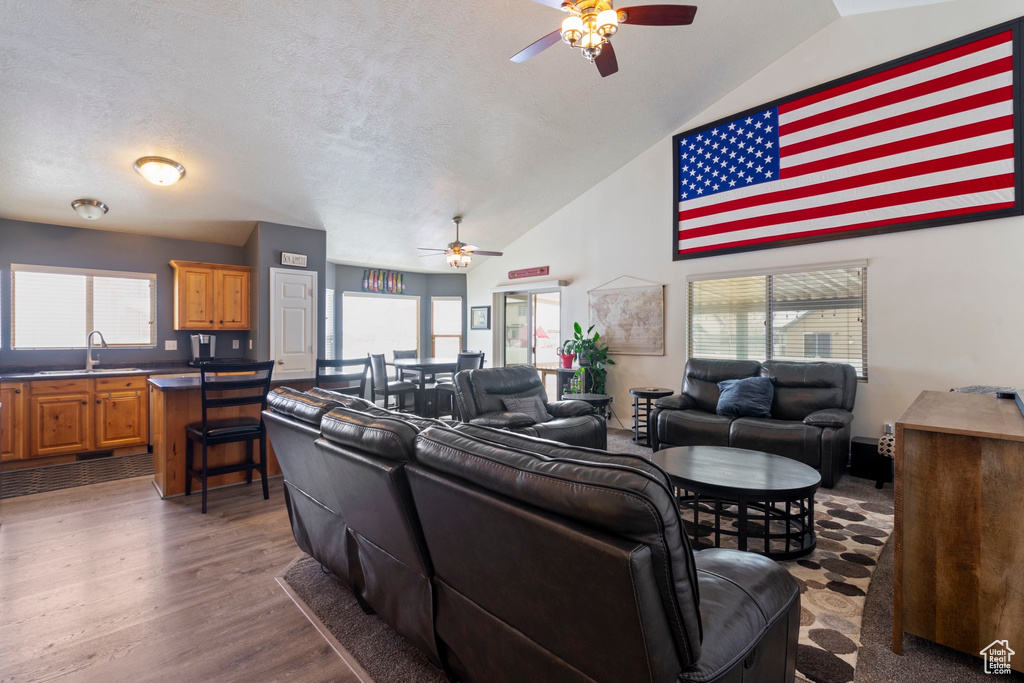 Living room featuring wood finished floors, a ceiling fan, and vaulted ceiling