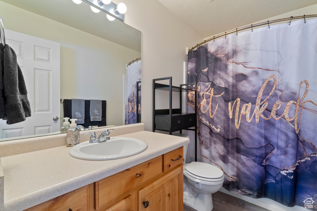 Bathroom with vanity, wood finished floors, toilet, and a shower with curtain