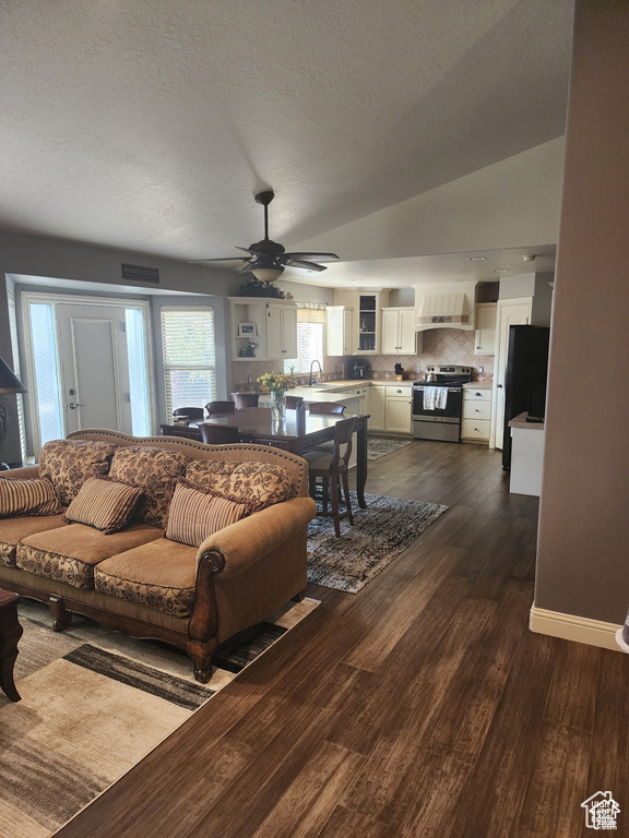 Living room featuring lofted ceiling, a ceiling fan, a textured ceiling, dark wood-style floors, and baseboards
