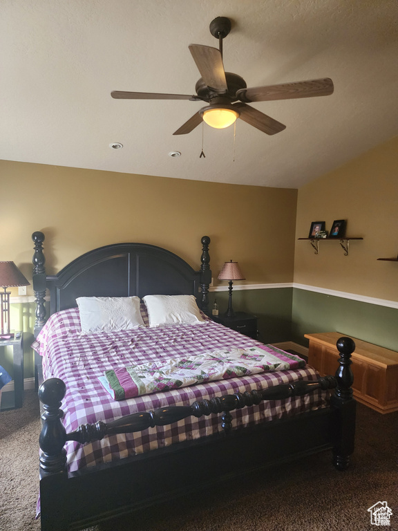 Carpeted bedroom with lofted ceiling and a ceiling fan