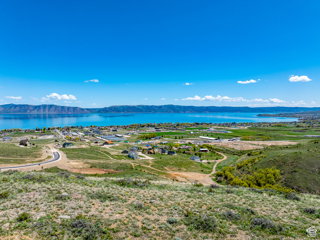 Aerial view of a water and mountain view