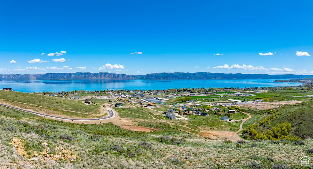Aerial view of a water and mountain view