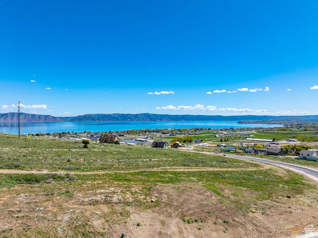 Aerial view of a water and mountain view