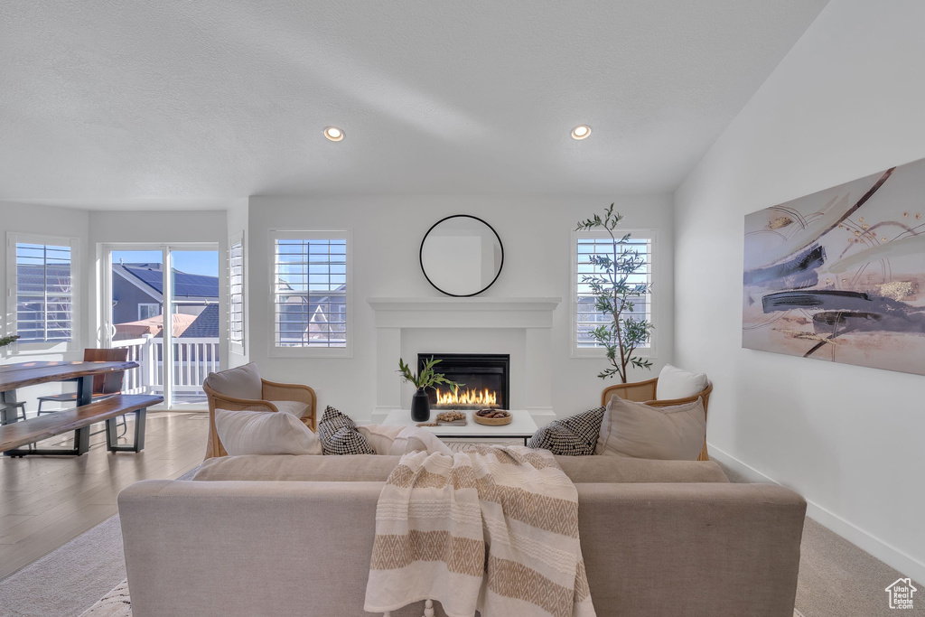 Living area featuring plenty of natural light, baseboards, recessed lighting, and a glass covered fireplace