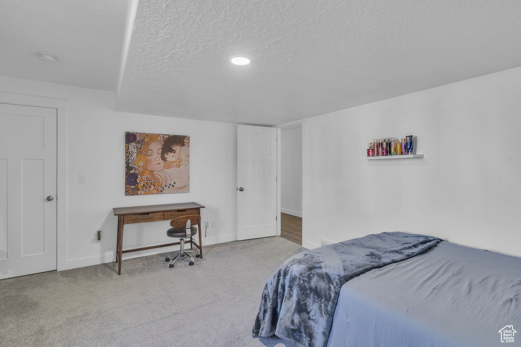 Bedroom featuring baseboards, carpet floors, and a textured ceiling
