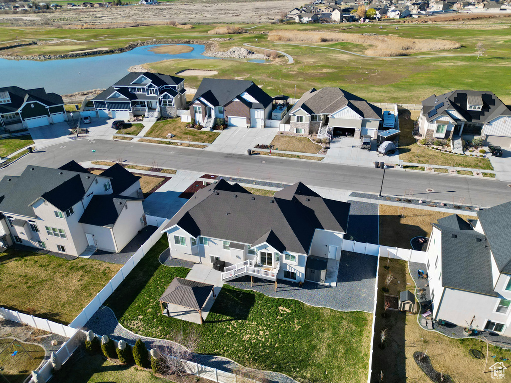 Bird's eye view with view of golf course, a residential view, and a water view