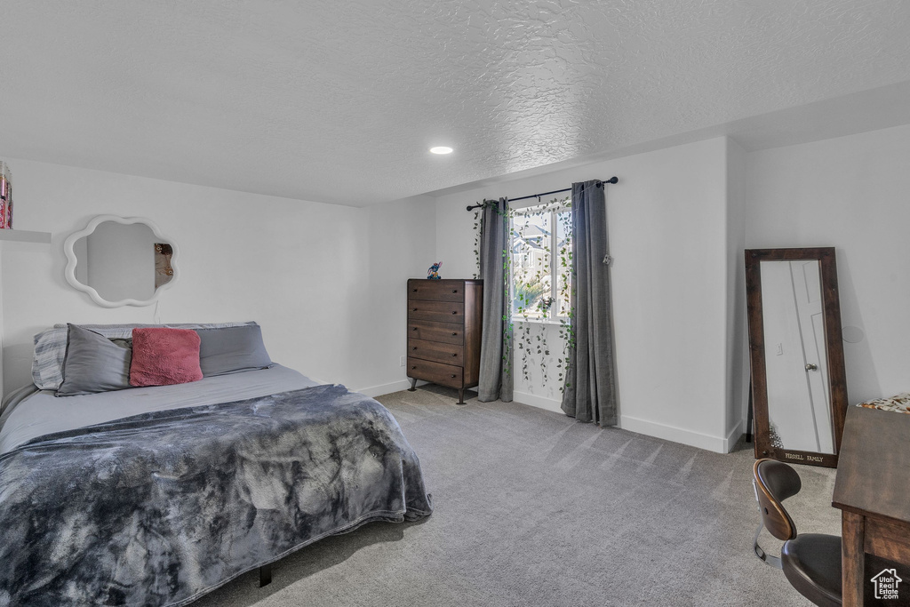 Bedroom featuring carpet flooring, baseboards, and a textured ceiling